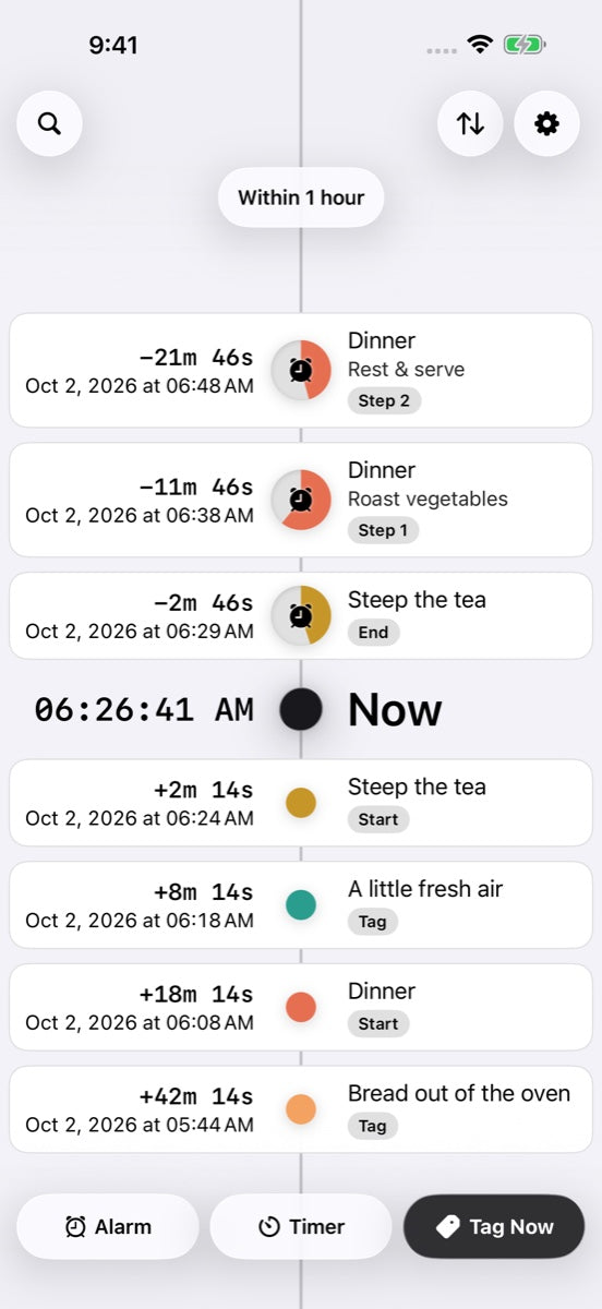 GOAT in light mode: future dinner and tea timers above Now, recorded moments below.
