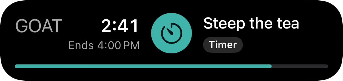 GOAT Live Activity showing Steep the tea, a countdown, timer symbol, and progress bar.